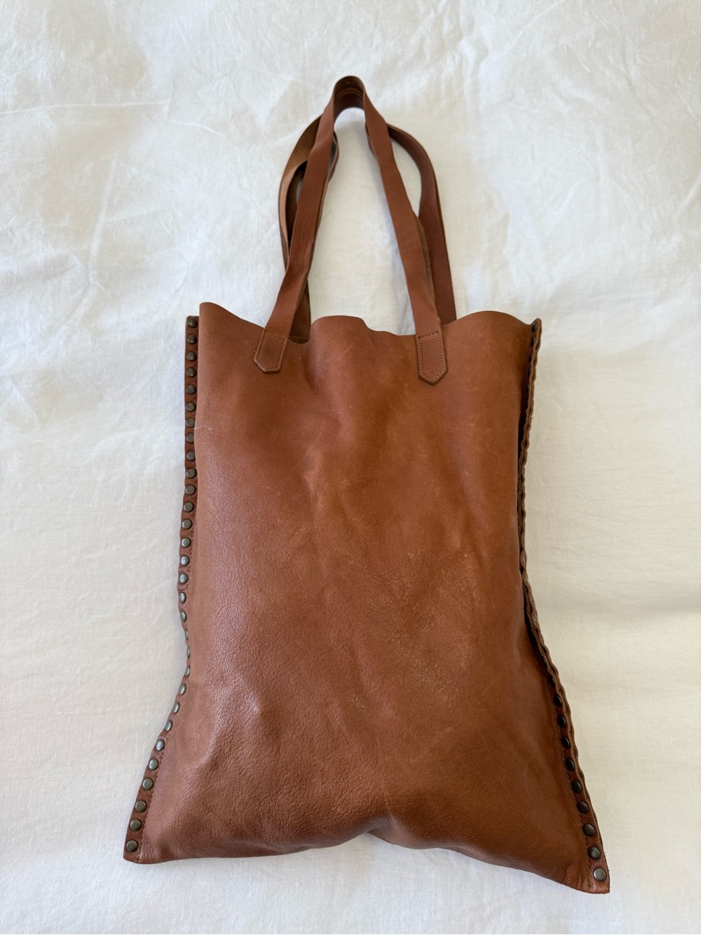 Eileen Fisher | Brown Leather Studded Tote Bag | Split Handles Distressed Boho